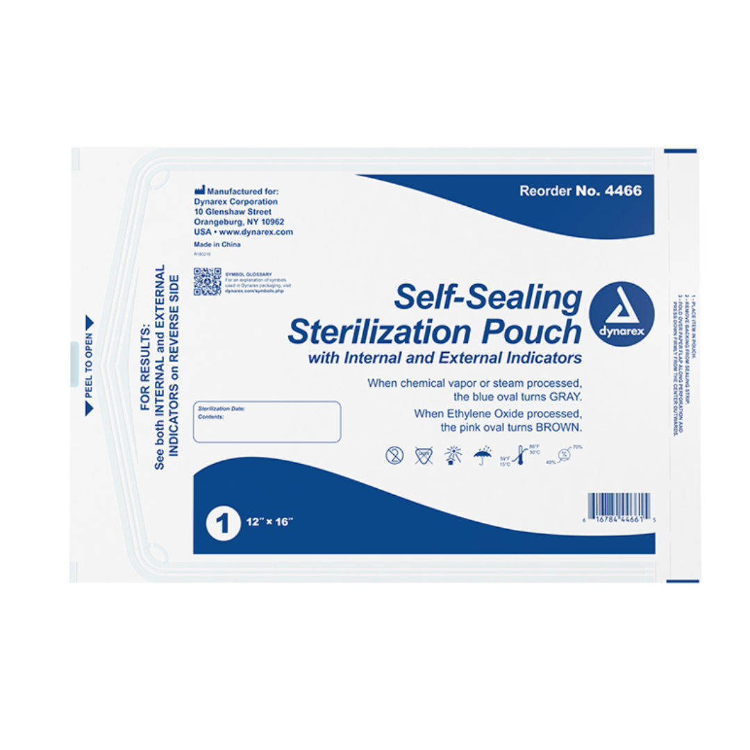 The Dynarex Sterilization Pouches | Self-Sealing Instrument Pouches feature internal/external indicators, display product info and usage instructions, include reorder #4466, and come in white/blue, size 12 x 16.